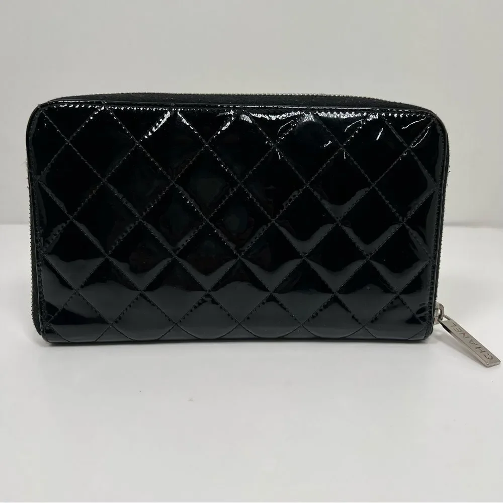 Chanel Quilted Black Patent Leather Zip Around Wallet